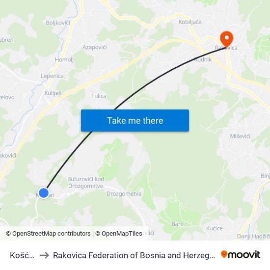 Košćan to Rakovica Federation of Bosnia and Herzegovina map