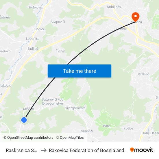 Raskrsnica Suhodol to Rakovica Federation of Bosnia and Herzegovina map