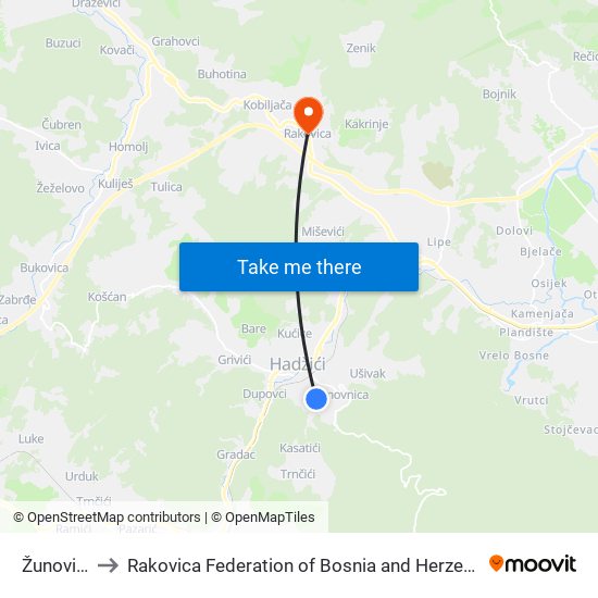 Žunovica to Rakovica Federation of Bosnia and Herzegovina map
