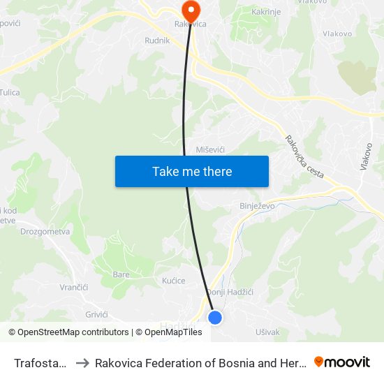 Trafostanica to Rakovica Federation of Bosnia and Herzegovina map