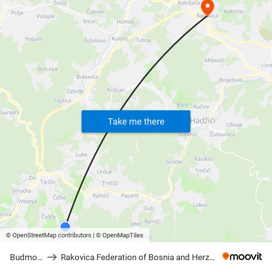 Budmolići to Rakovica Federation of Bosnia and Herzegovina map