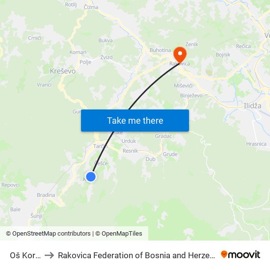 Oš Korča to Rakovica Federation of Bosnia and Herzegovina map