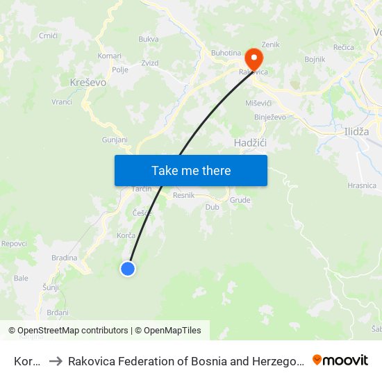 Korča to Rakovica Federation of Bosnia and Herzegovina map