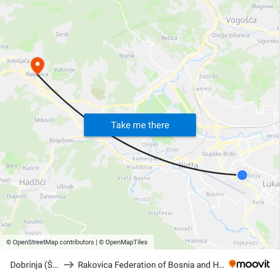 Dobrinja (Škola) to Rakovica Federation of Bosnia and Herzegovina map