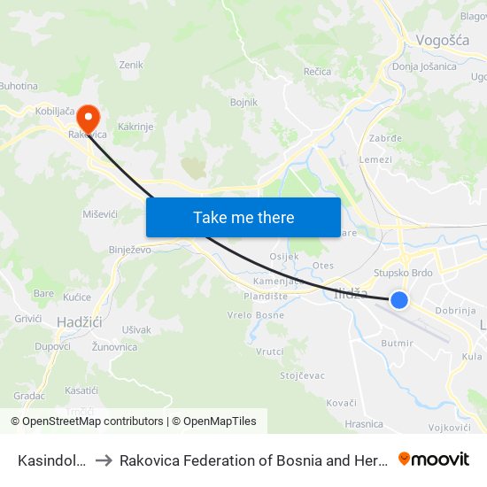 Kasindolska to Rakovica Federation of Bosnia and Herzegovina map