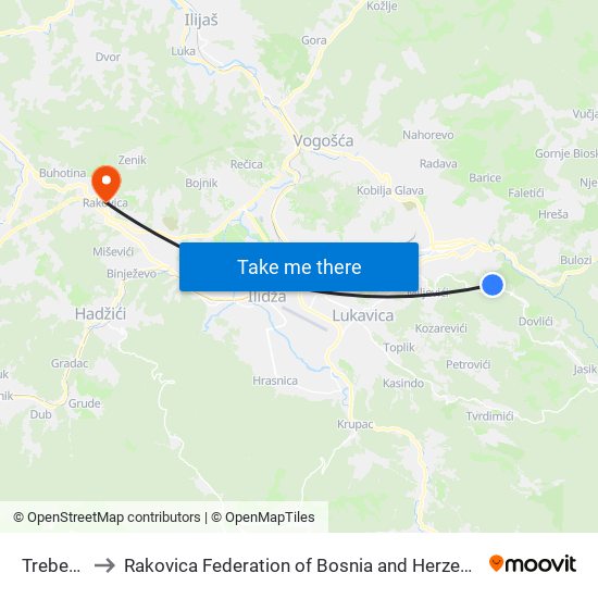 Trebević to Rakovica Federation of Bosnia and Herzegovina map