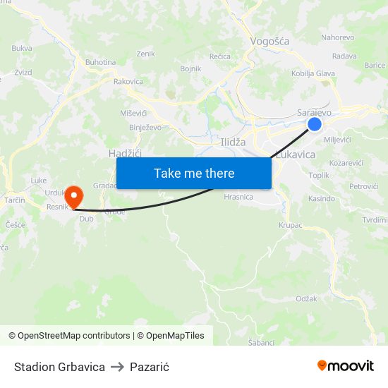 Stadion Grbavica to Pazarić map