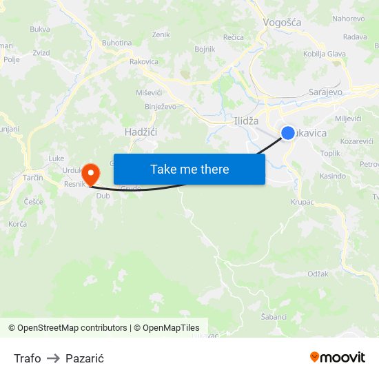 Trafo to Pazarić map