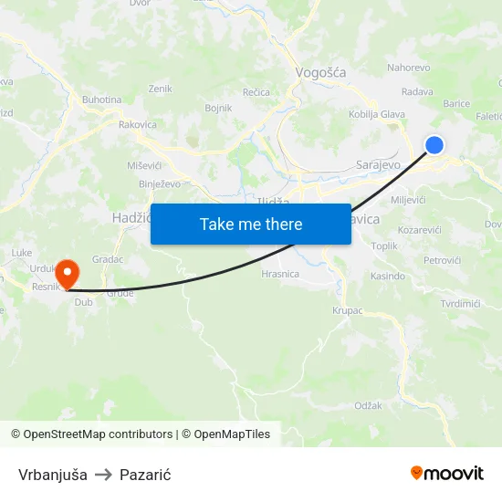 Vrbanjuša to Pazarić map