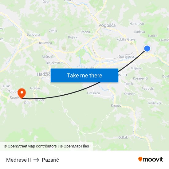 Medrese II to Pazarić map