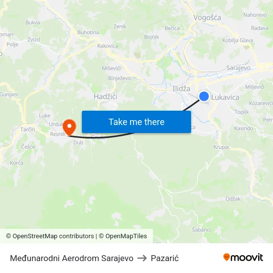 Međunarodni Aerodrom Sarajevo to Pazarić map