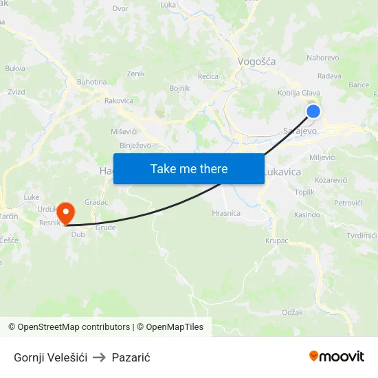 Gornji Velešići to Pazarić map