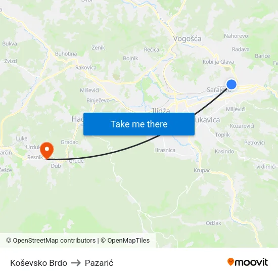 Koševsko Brdo to Pazarić map