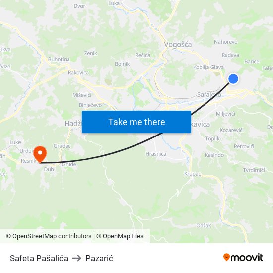 Safeta Pašalića to Pazarić map