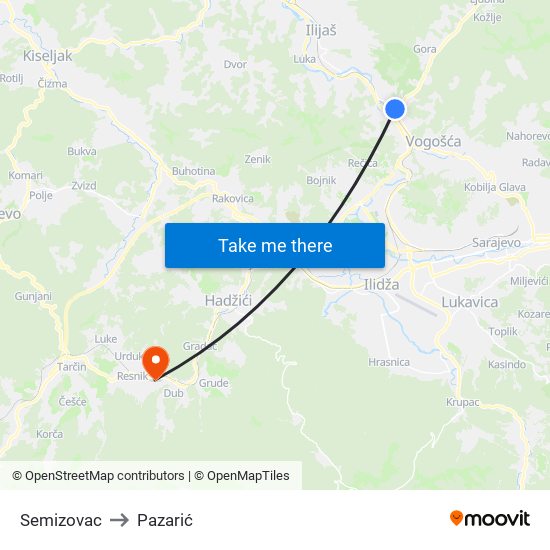 Semizovac to Pazarić map