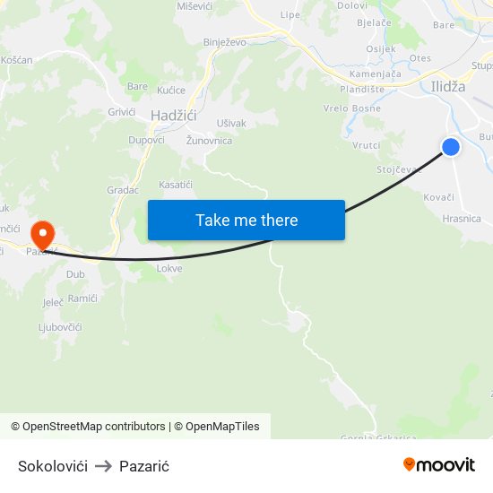 Sokolovići to Pazarić map
