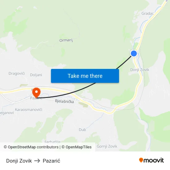 Donji Zovik to Pazarić map