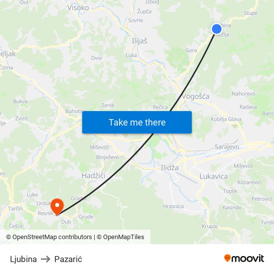 Ljubina to Pazarić map