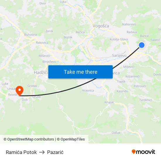 Ramića Potok to Pazarić map