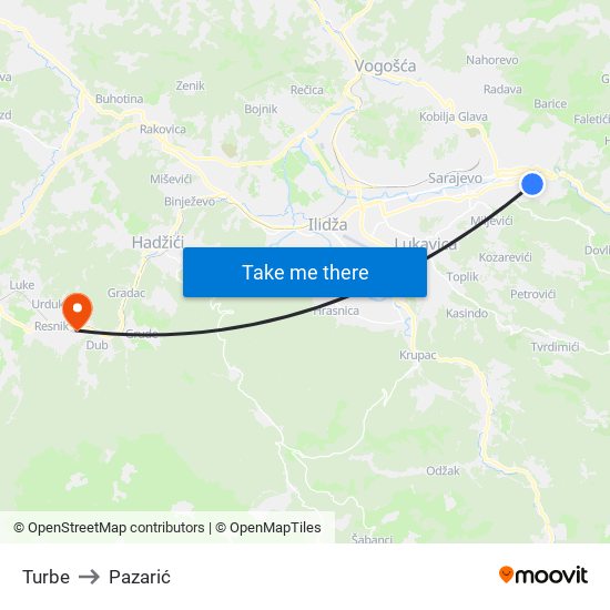 Turbe to Pazarić map