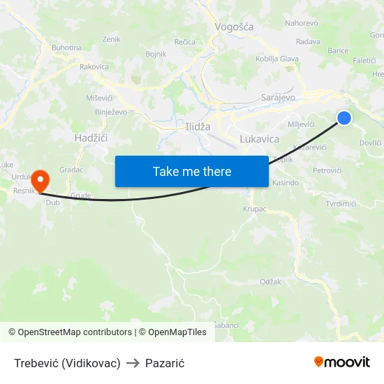 Trebević (Vidikovac) to Pazarić map