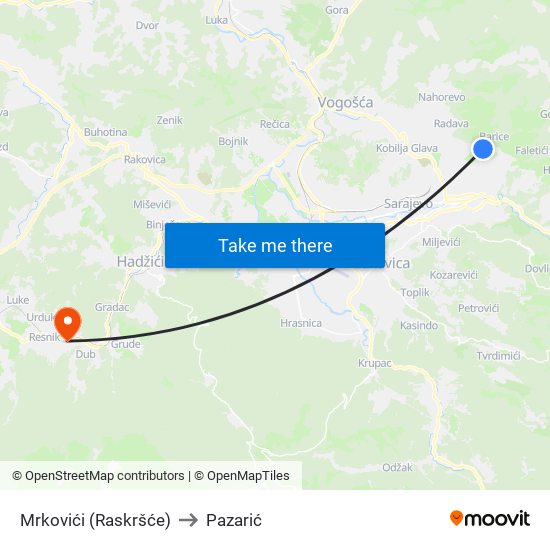 Mrkovići (Raskršće) to Pazarić map