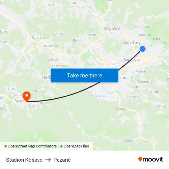 Stadion Koševo to Pazarić map