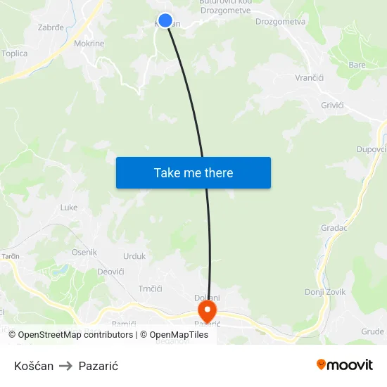 Košćan to Pazarić map