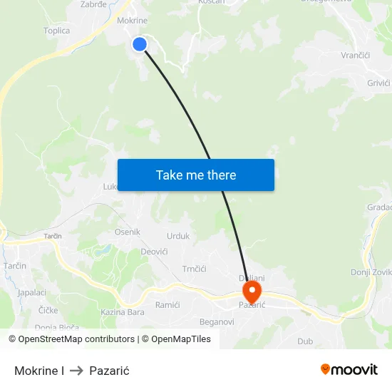 Mokrine I to Pazarić map