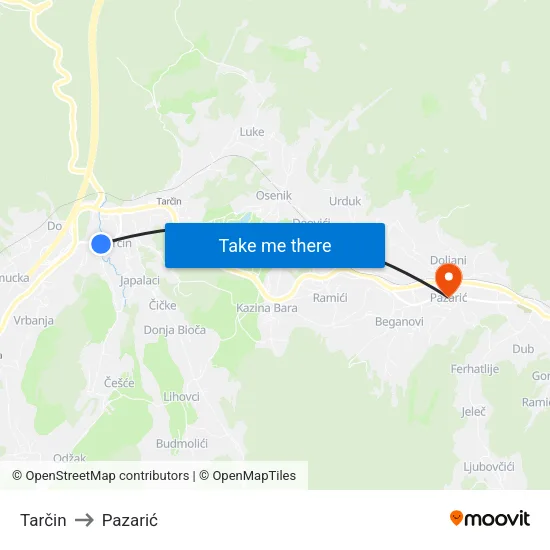 Tarčin to Pazarić map