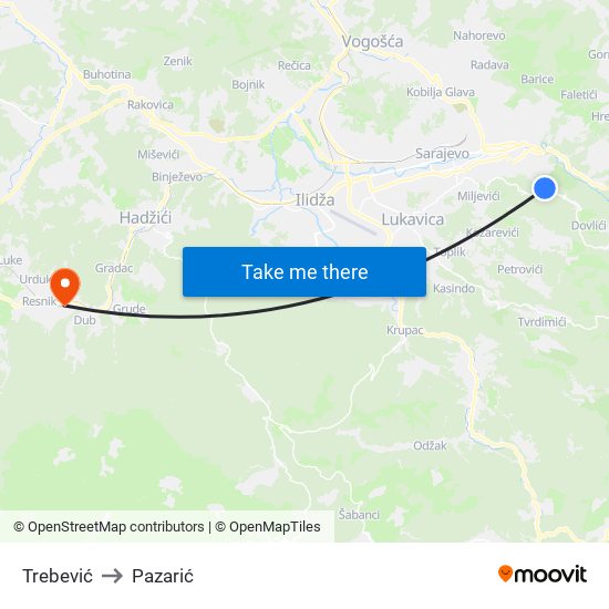 Trebević to Pazarić map