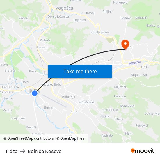 Ilidža to Bolnica Kosevo map