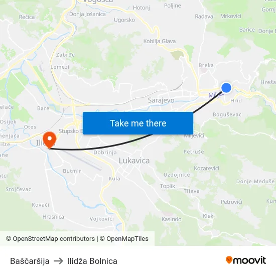 Baščaršija to Ilidža Bolnica map