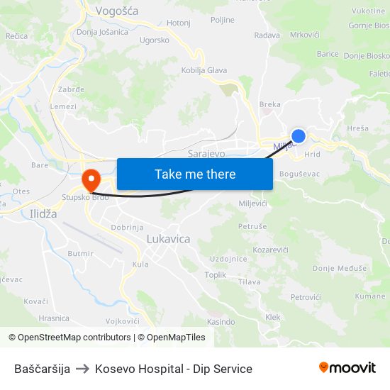 Baščaršija to Kosevo Hospital - Dip Service map