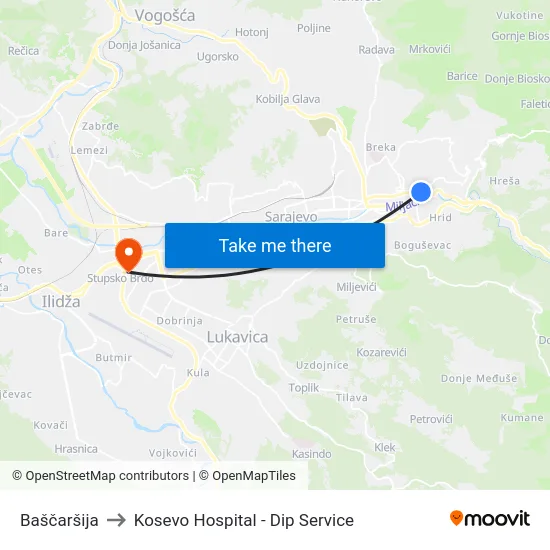 Baščaršija to Kosevo Hospital - Dip Service map