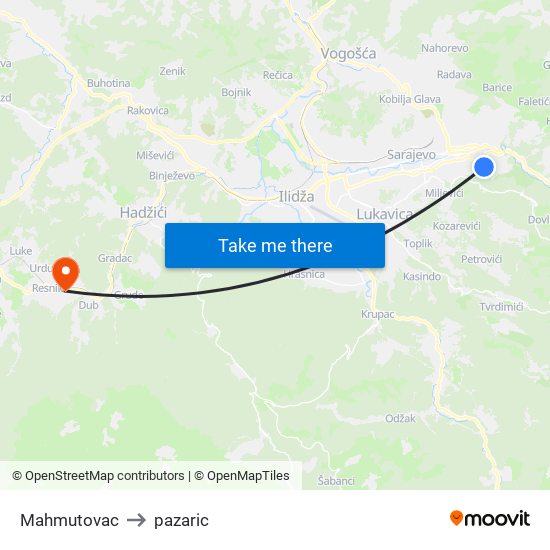 Mahmutovac to pazaric map