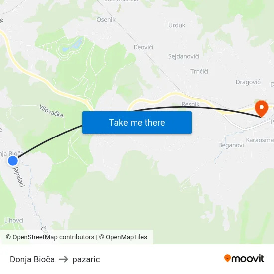 Donja Bioča to pazaric map
