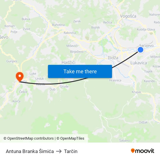 Antuna Branka Šimića to Tarčin map