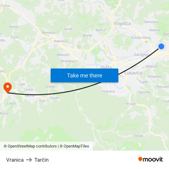 Vranica to Tarčin map