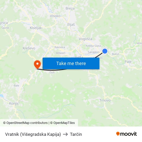 Vratnik (Višegradska Kapija) to Tarčin map