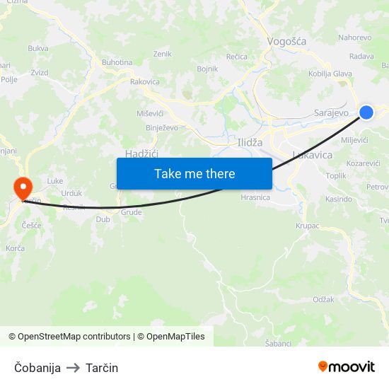 Čobanija to Tarčin map