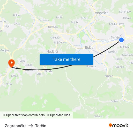 Zagrebačka to Tarčin map