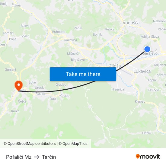 Pofalići Mz to Tarčin map