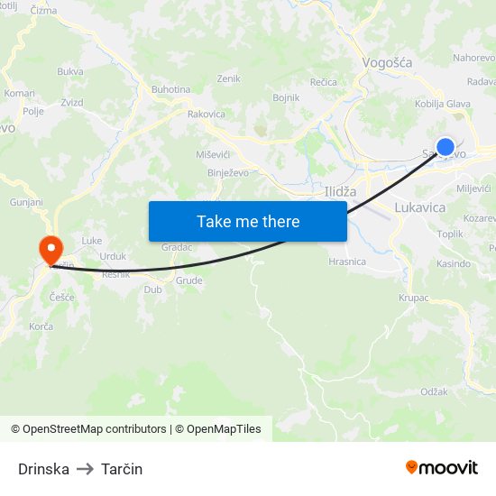 Drinska to Tarčin map