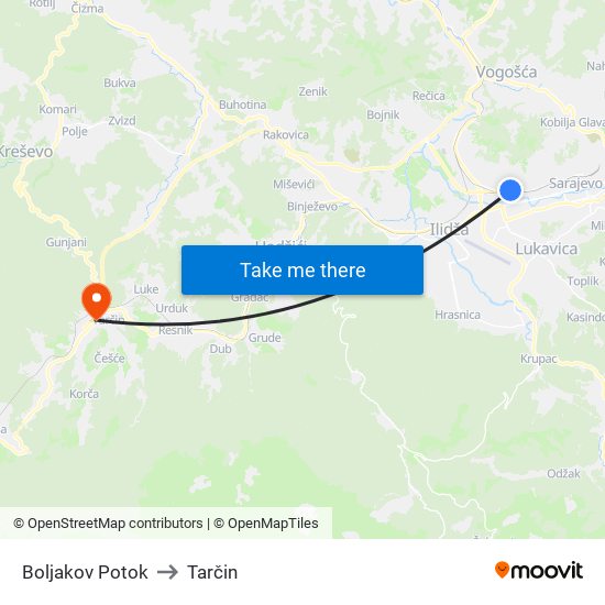 Boljakov Potok to Tarčin map