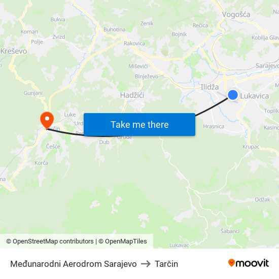 Međunarodni Aerodrom Sarajevo to Tarčin map