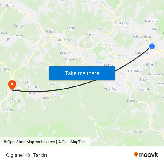 Ciglane to Tarčin map