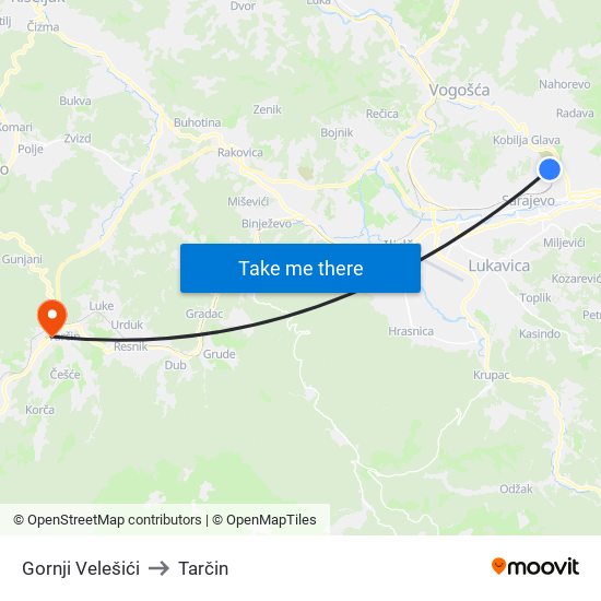 Gornji Velešići to Tarčin map