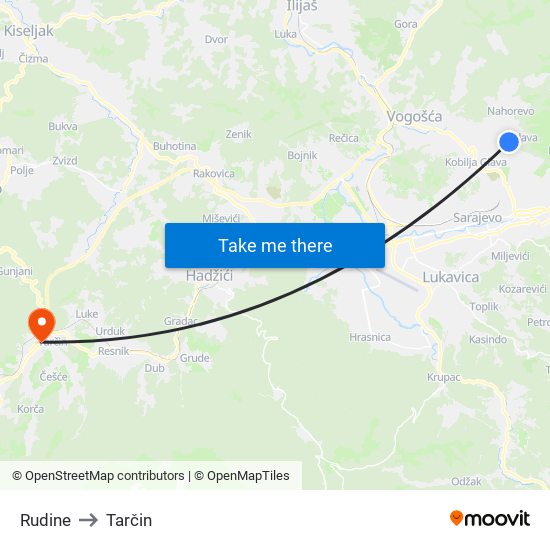 Rudine to Tarčin map