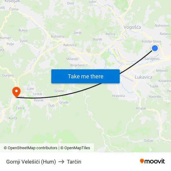 Gornji Velešići (Hum) to Tarčin map